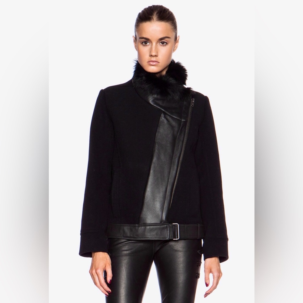 HELMUT LANG Shearling Leather Fur Wool Zip Moto Jacket in Black